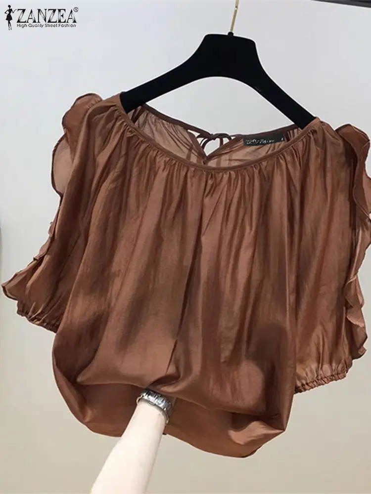 ZANZEA Womens Cold Shoulder Top Fashion Ruffle Half Sleeve Top Strap Ruffle Tuned Summer Casual Loose Shirt 250102