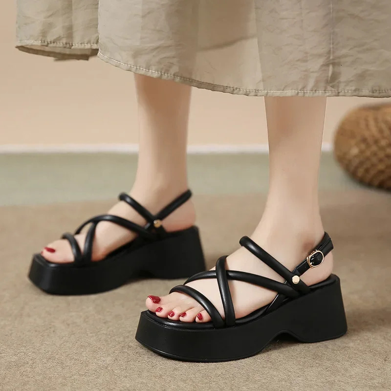 Open Toe Women Sandals Summer Fashion Narrow Band Dress Shoes Platform Wedges Heel Ladies Ankle Strap Gladiator Sandalias 250102