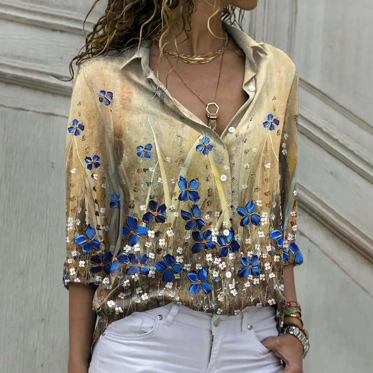 Elegant and loose womens casual shirt heat-resistant long sleeved womens shirt 250102