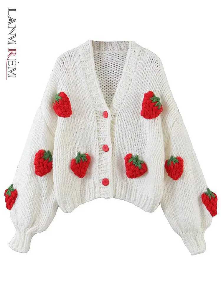 Lamb Sweet Strawberry Knitted Sweater Womens V-neck Puff Sleeve Single Chest Unique Sweater 2025 Spring New Style 2Z2352 M250102