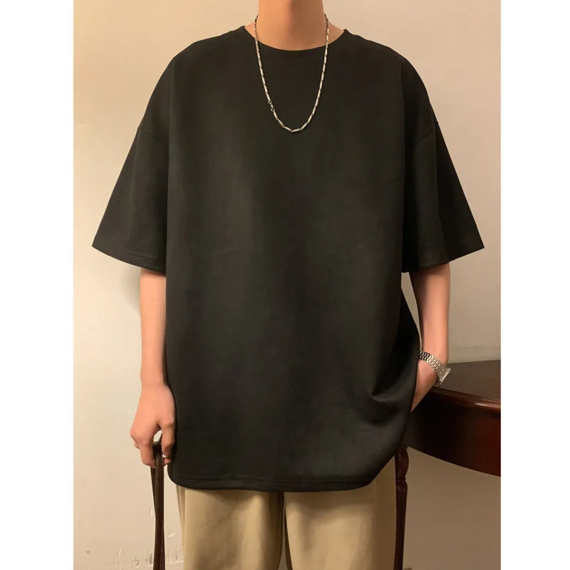 Suede T-shirt Men Oversized Fashion Solid Color Retro T Shirt Men Streetwear Summer Loose Short Sleeved T-shirt Mens Top M-3XL 250102