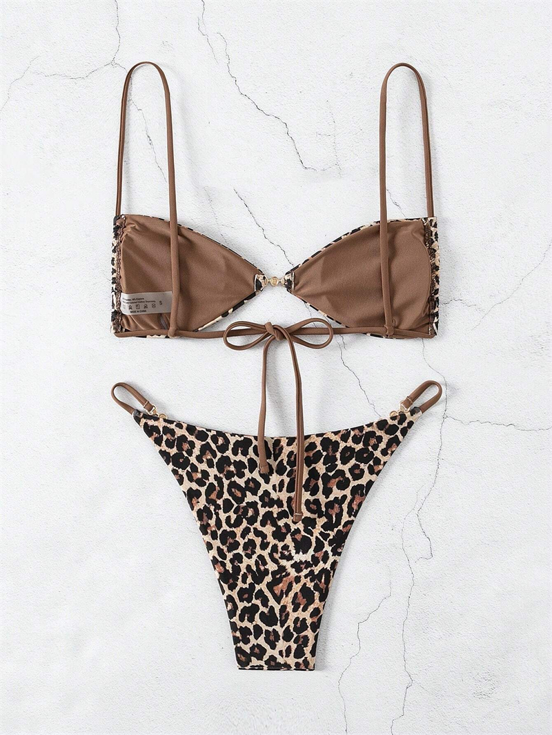 Leopard Print Micro Bikini 2025 Women Pearl Decor Swimsuit Spaghetti Bikinis Sets Ladies Swimwear Low Cut Beach Wear Brazilian Woman Sexy String Bathi