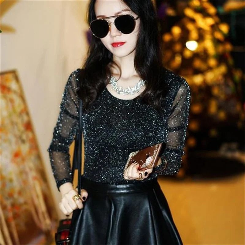 Spring and summer womens sexy see through mesh shirt long sleeved transparent shiny elegant shirt fashionable womens top DF2417 250102