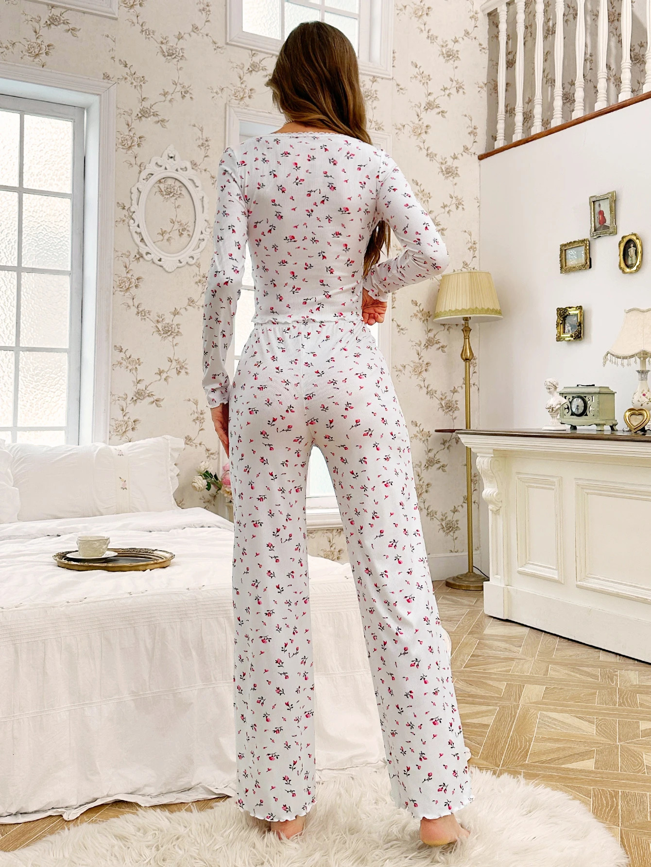 Womens Sleepwear Ditsy Floral Print Lettuce Trim PaJamas Set Elastic Waistband Loungewear Full Sleeve Nightwear 250103