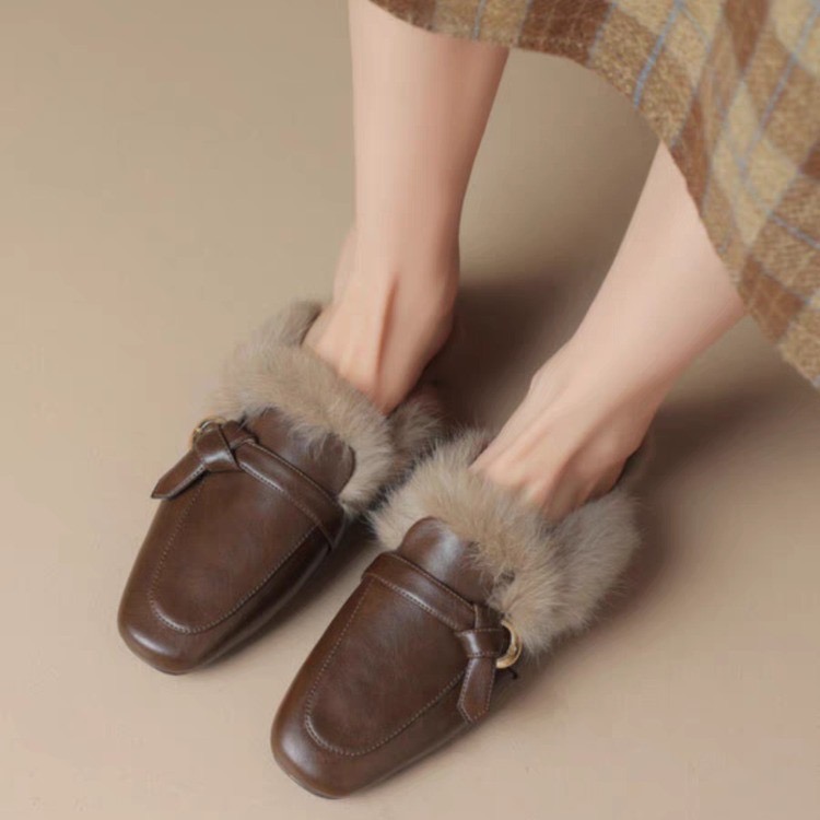 fur slippers women New metal decoration mules winter plush shoes woman cotton pantuflas cover toe furry slides ry