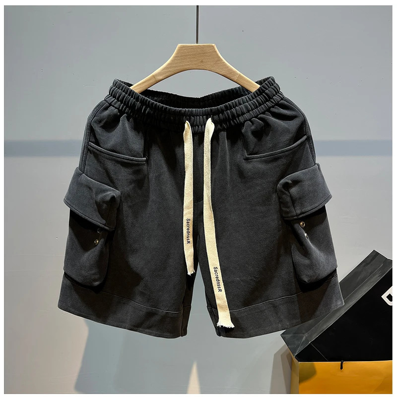 Mens Trendy American Retro High Street Pockets Sports Shorts Summer Casual Drawstring Black Loose Straight Shorts 241230