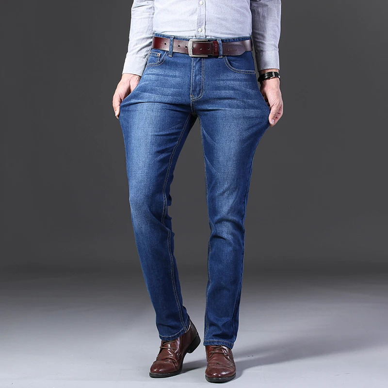 Classic Style Men Jeans Business Casual Straight Stretch Slim Denim Pants Light Blue Black Trousers Male Size 28-40 241230