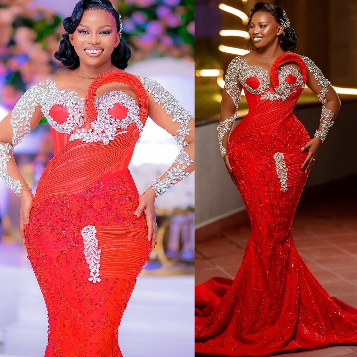 Red Mermaid Prom Dresses 2025 Crystals Lace Full Sleeves Vintage Evening Formal Party Second Birthday Engagement Gowns Plus Size Dress For Special Occ