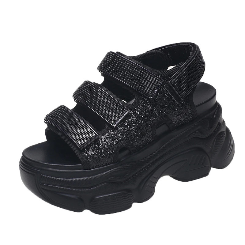 Women Summer Platform Bling Sandals Breathable Wedges 9CM High Heels Ladies Crystal Beach Slippers Chunky Shoes Sandalias Mujer 250102