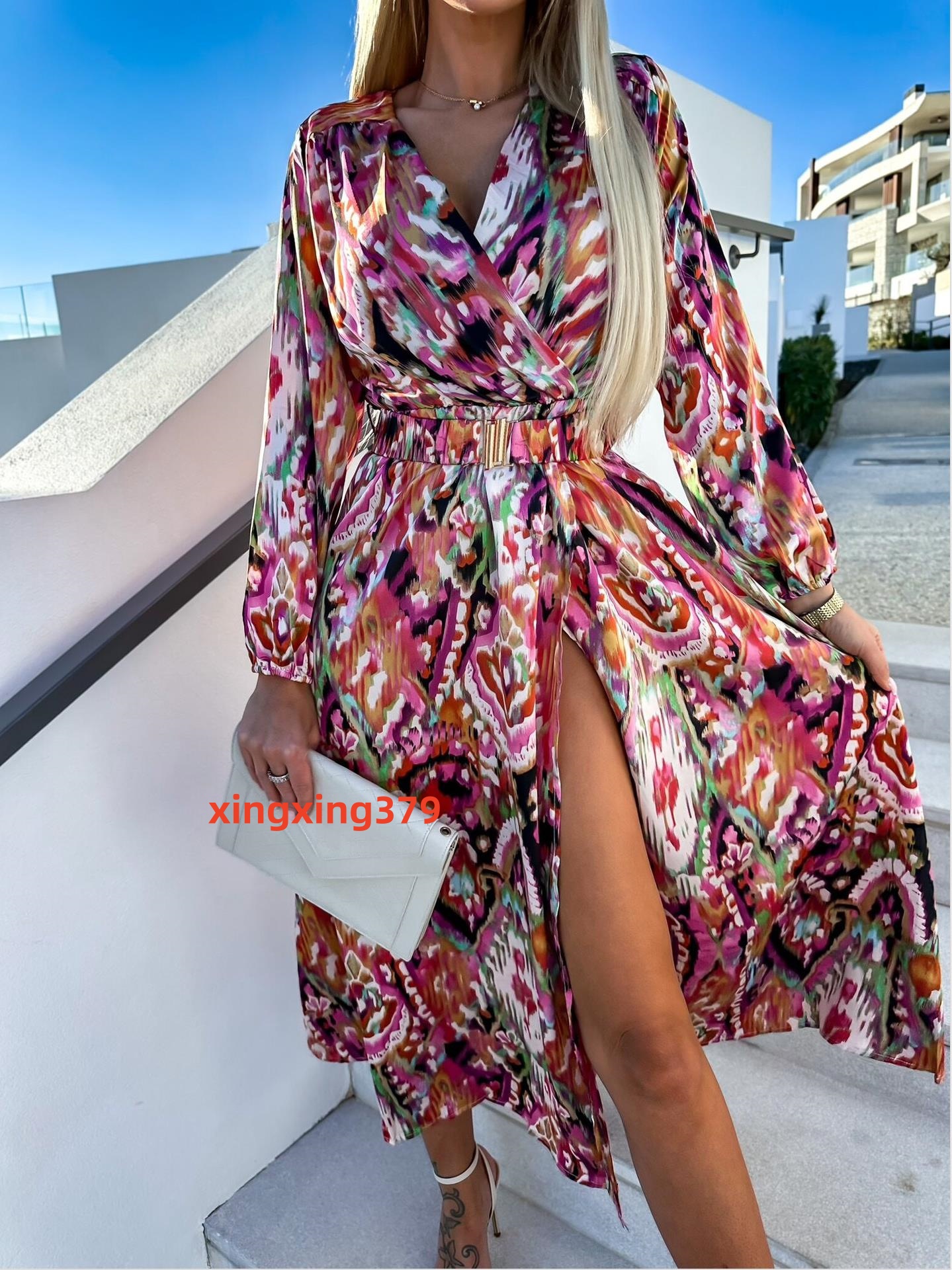 Casual Dresses BOHO INSPIRED MULTICOLORED FLORAL PRINT summer DRESS women buttons down belted long sleeve woman dress elegant ladies dress 0830