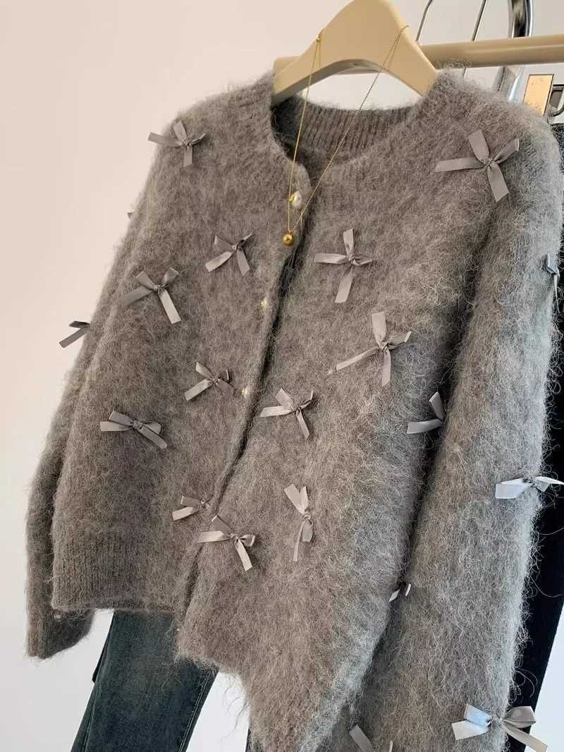 Grey bow sweater Autumn/Winter Womens high temperature soft Mohair knitted cardigan perfume coat casual top M250102
