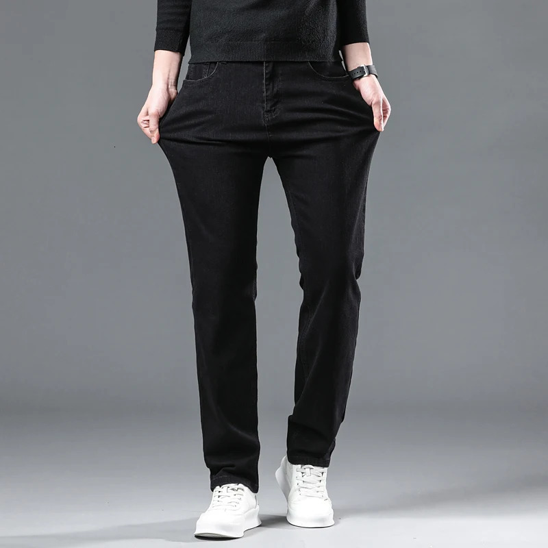 Winter Pure Black Fleece Thick Warm Jeans Mens loose Straight Elastic Denim Pants classics Casual Plush Trousers 241230