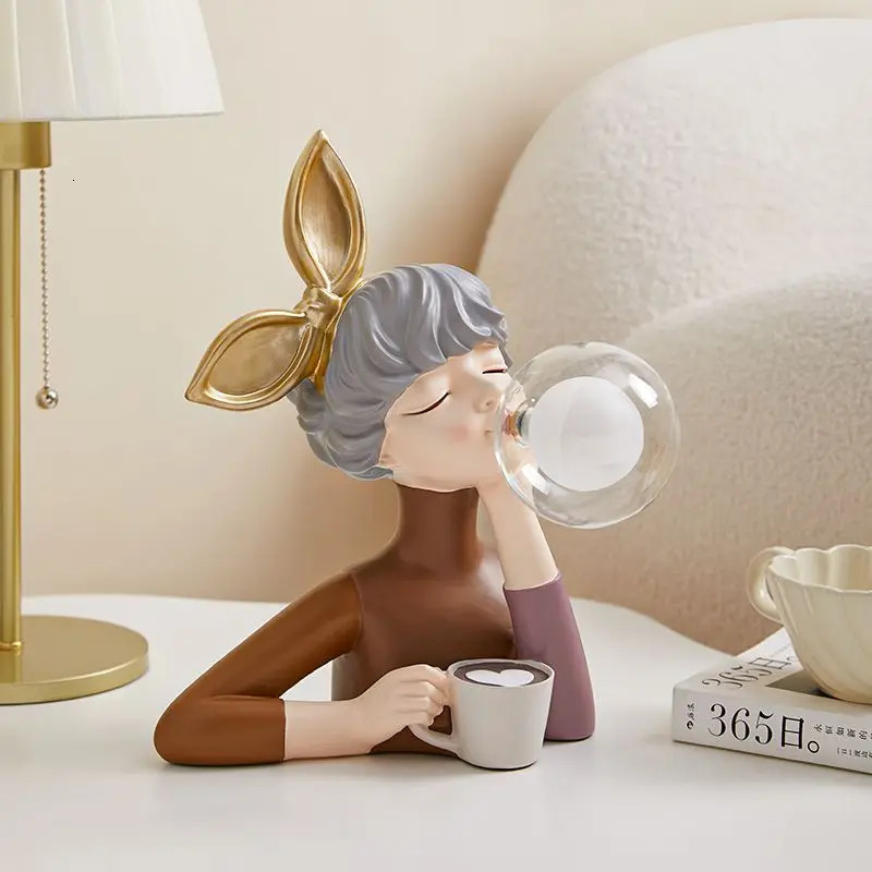 Cartoon Bubble Girl Resin Statue Decoration Family Living Room Bedroom Bedside Table Desktop Night Light Decoration Birthday Gift 250102