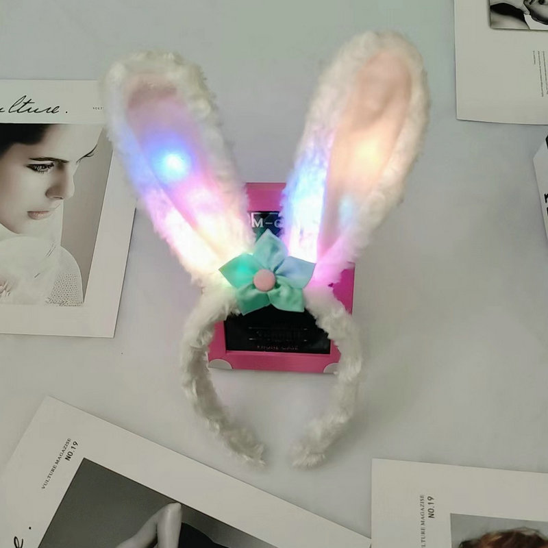 Luminous cartoon plush headband with cute bunny ears and furry hair pressure headband for girls