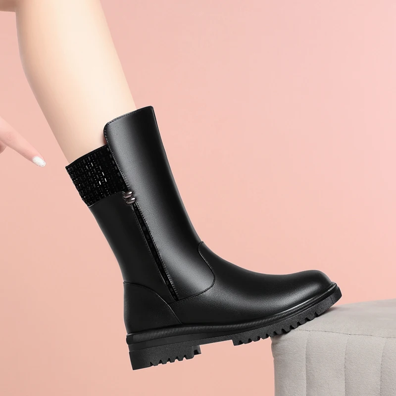 AIYUQI Women Snow Boots Genuine Leather Large Size Non Slip Rider Boots Women Natural Wool Women Winter Shoes Boots