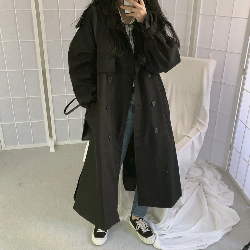Black Trench Women Vintage Preppy Style Double Breasted Cool Notched Loose Students Korean BF High Street Stylish Long Coats Ins 241224