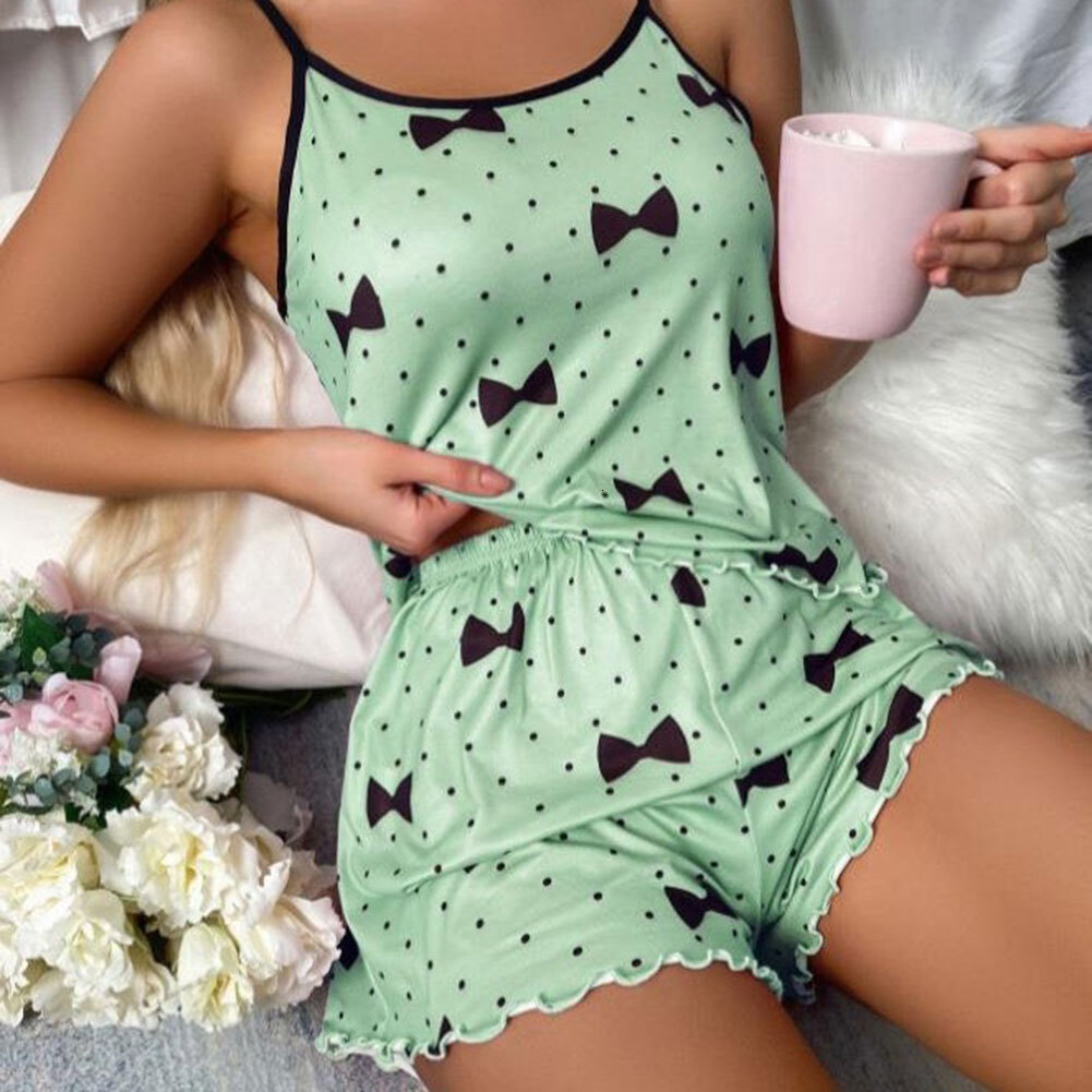 Women Satins Pamas Set Cute Sexy Soft Cozy Thin Type Casual Printed Camisole Sleepwear With Shorts For Home Daily Wear