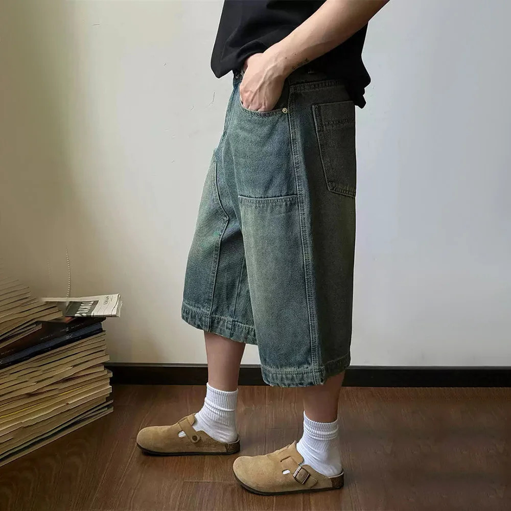 Mens shorts washed high street pocket jeans summer wear resistant American wide leg pants mens clothing unisex 241230