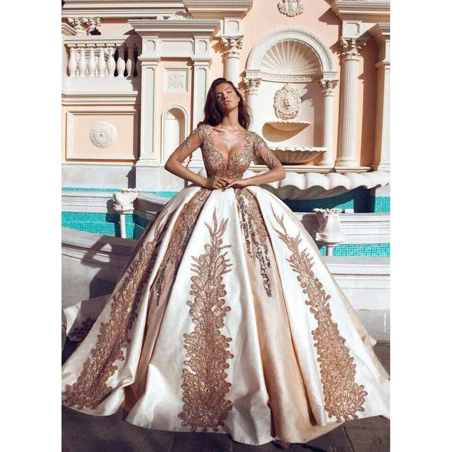 Arabic Satin Ball Gown Dresses V Neck Illusion Long Sleeves Lace Applique Chapel Train Wedding Bridal Gowns Bc1383