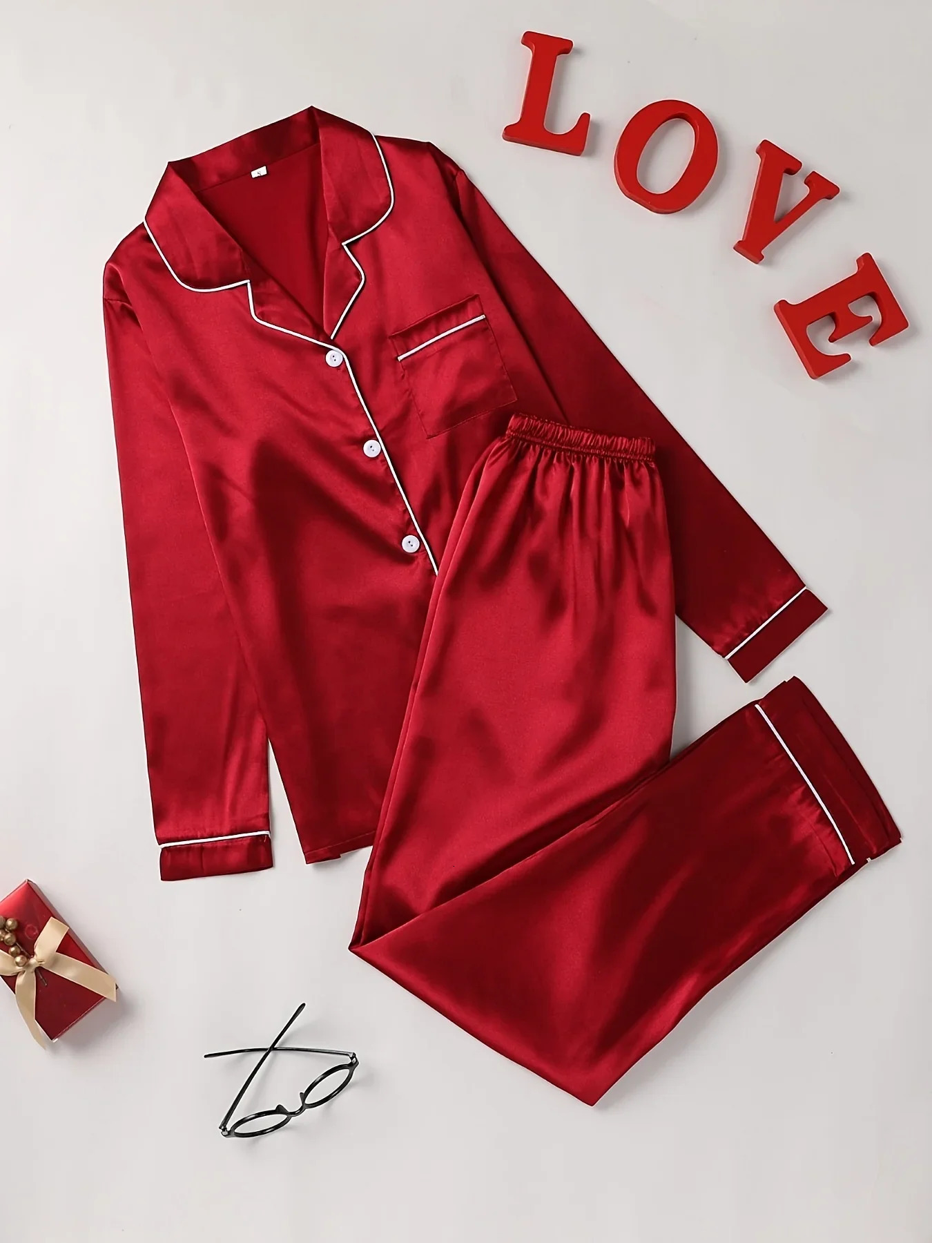 Solid Pajama Set Long Sleeve Button Up Lapel Top Pants Pj Womens Sleepwear Loungewear Ice Silk Pajamas 250103