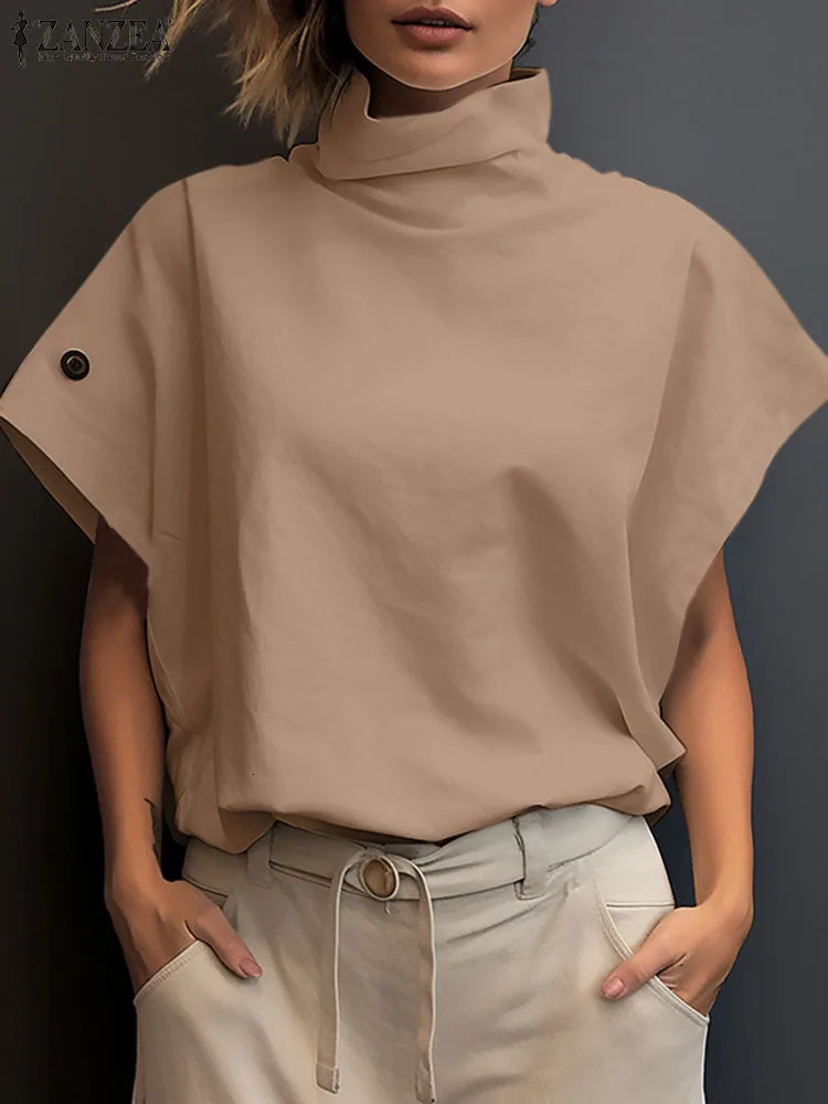 Womens Fashion OL Work Shirt ZANZEA Summer Elegant Turtle Neck Short Sleeve Shirt Casual Loose Office Top Party Blue 250102