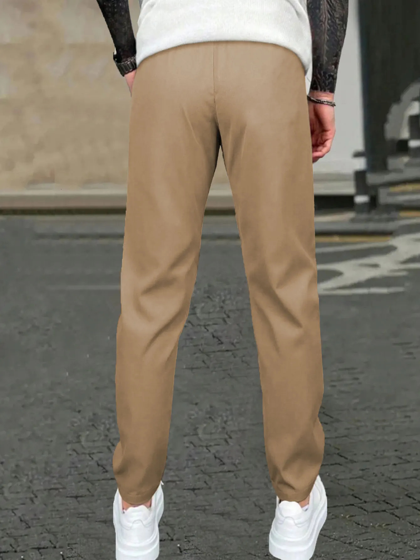 Mens Solid Color Drawstring Waist Trousers Regular Fit Casual Fashion Trousers Drawstring Trousers Pocket Trousers 250103