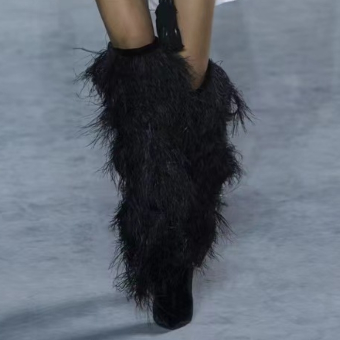 Black Fur Knee-length Boots Women Sexy Pointy Toe High Heels Furry Suede Outfit Ladies Trendy Party Warmly Winter Shoes 34-43