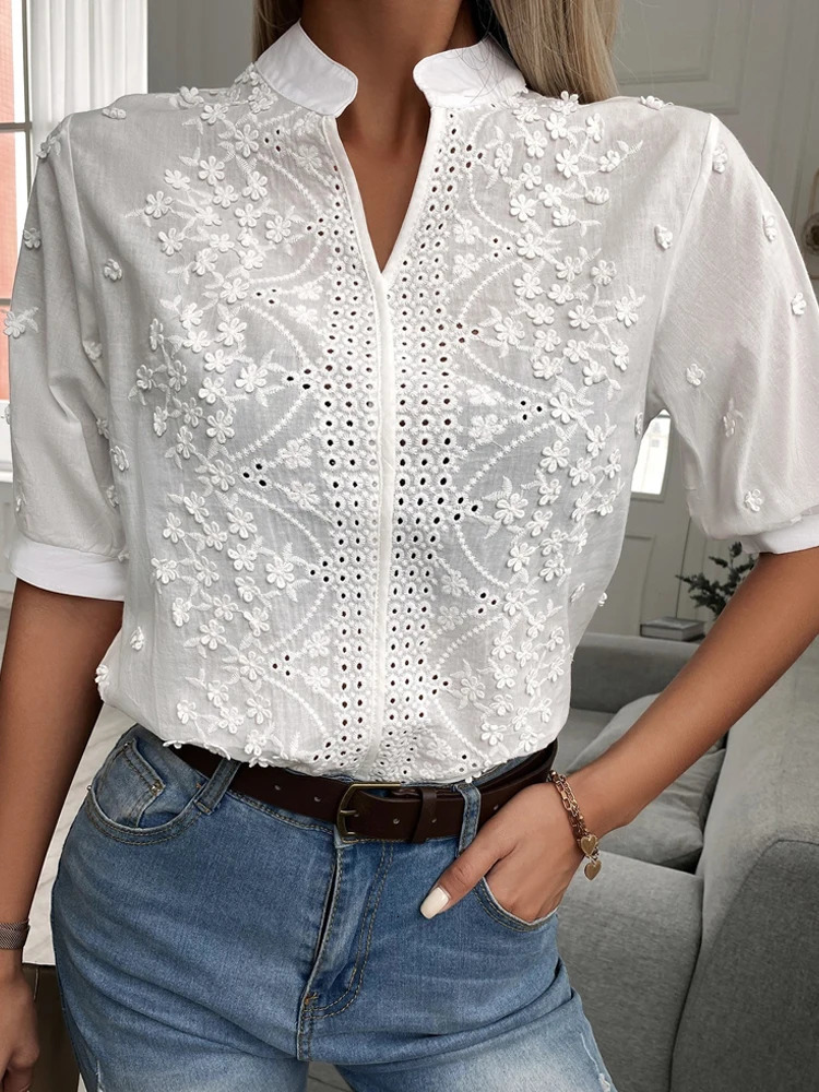 Summer floral embroidery lace shirt fashionable womens V-neck casual shirt chic short sleeved hollow top elegant blue 24350 250102