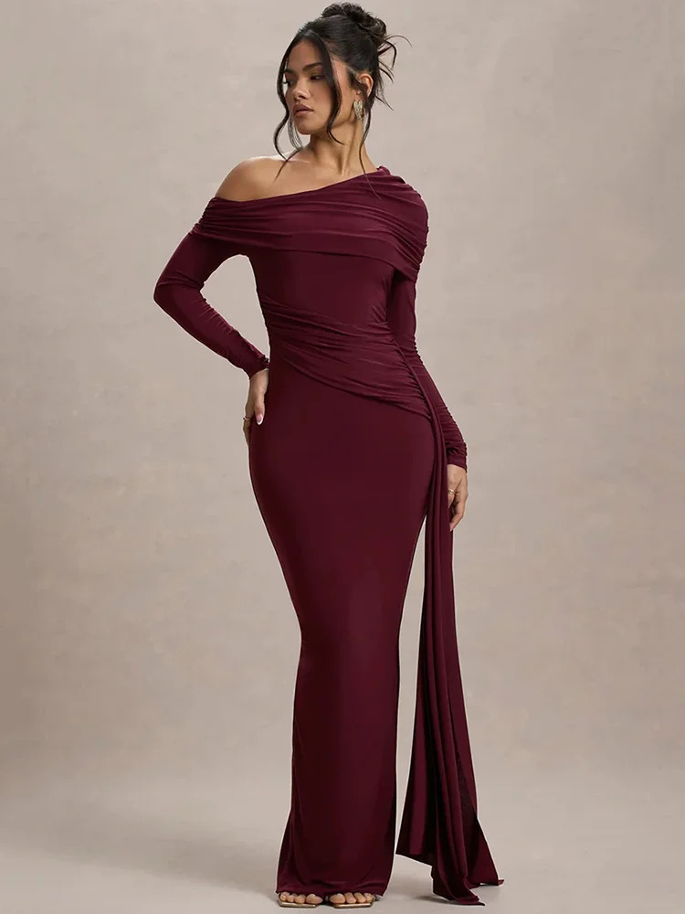 Mozision Skew Collar Long Sleeve Sexy Maxi Dress For Women Gown Fashion Backless Draped Ruched Bodycon Club Elegant 250102