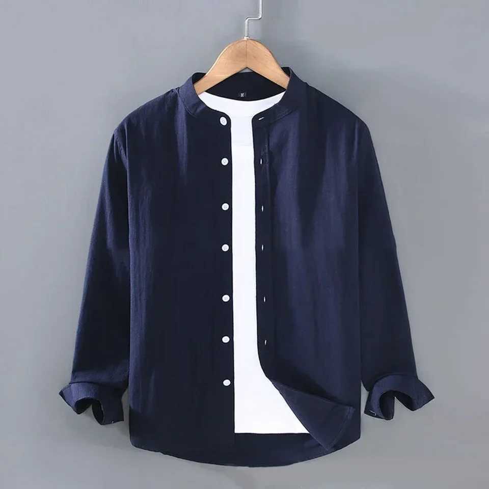 Mens linen shirt stand up collar long sleeved Henry white soft black comfortable simple spring/summer mens shirt solid color W250103