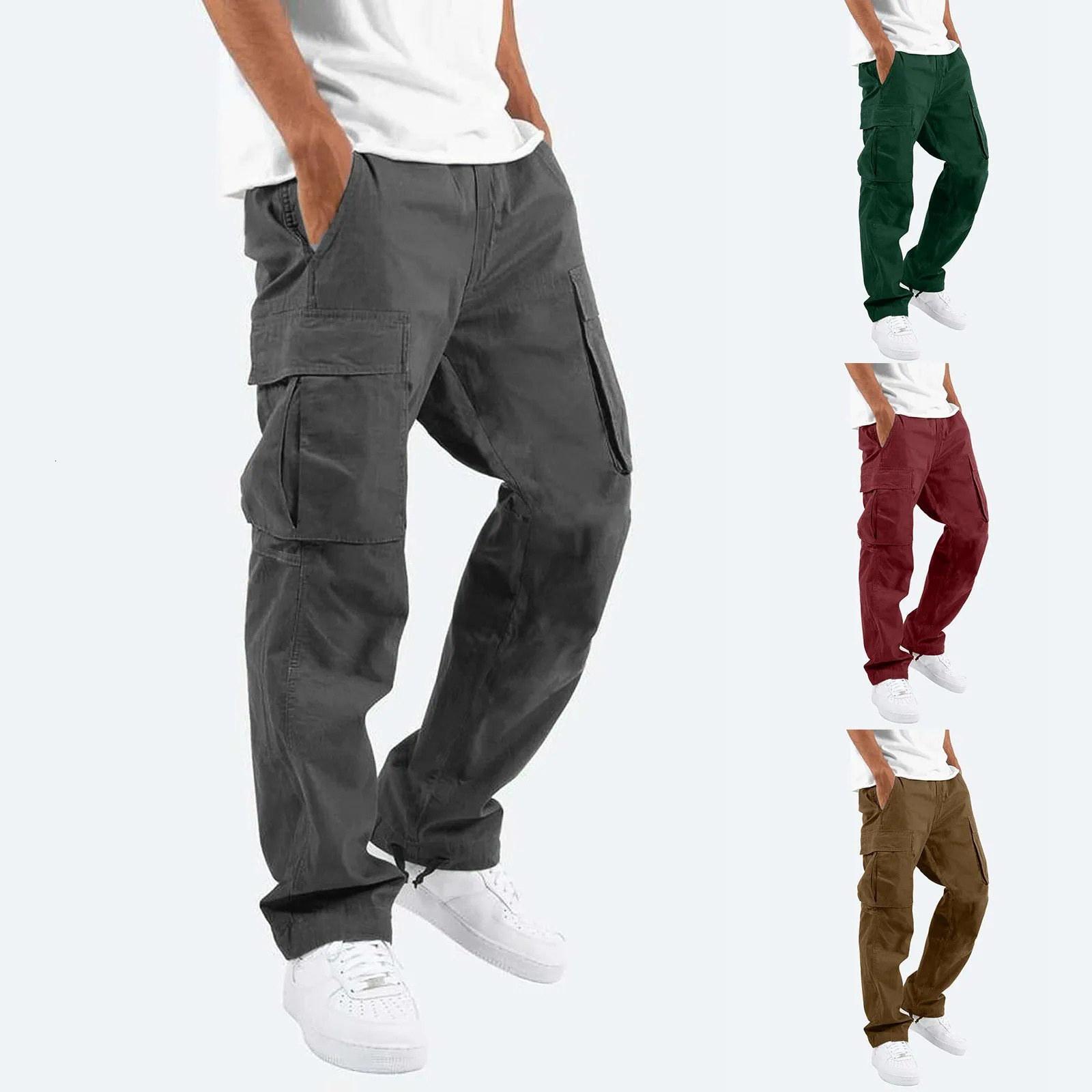 Fall Men Trousers Casual Slim Fit Leggings Bottom Solid Color Pocket Baggy Cargo Pants Hundred Matching Style For Man 250102