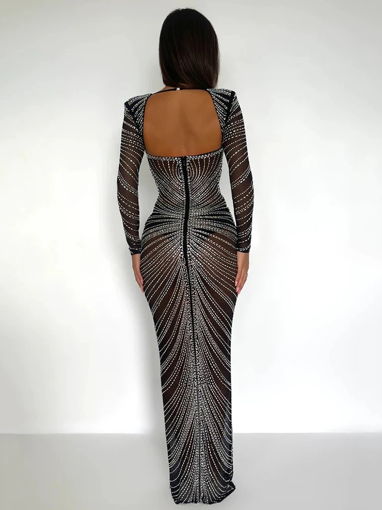 Mozision Glitter Mesh See Through Party Maxi Womens Fashion Full Sleeve Body Sexy Club Long Evening Dress Vestido 250102