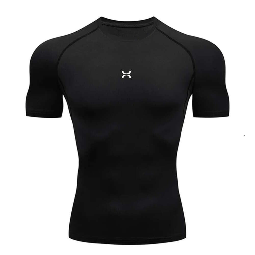 Men's short sleeved compression T-shirt, black sports top, quick drying, breathable, sports training, strength training, running