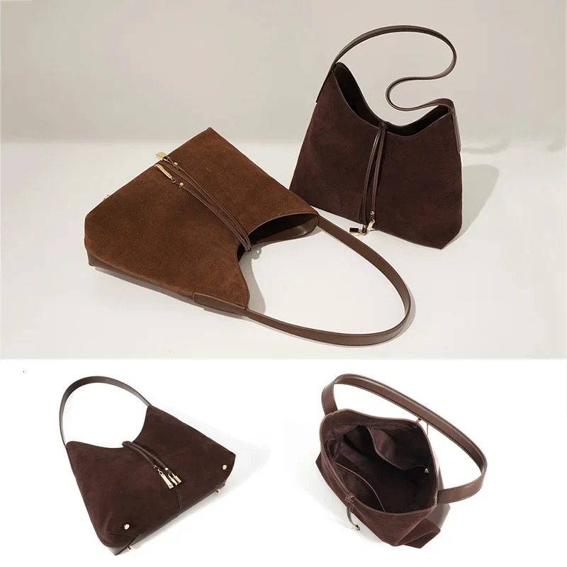 2024 New Retro Autumn Winter Suede Tote Spilt Cow Leather Armpit Shoulder Niche Design Women's Bag