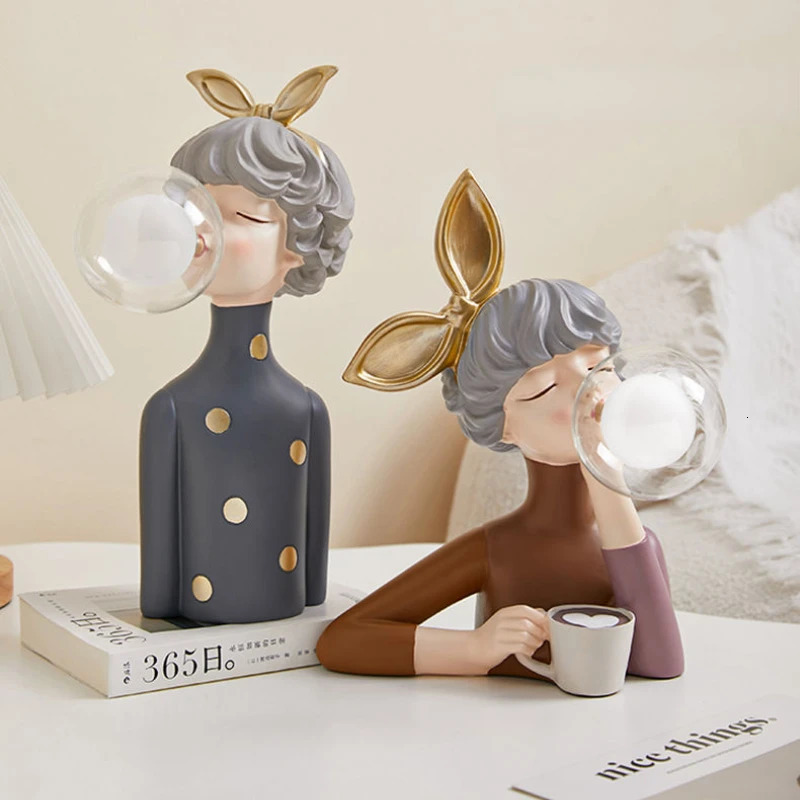 Cartoon Bubble Girl Resin Statue Decoration Family Living Room Bedroom Bedside Table Desktop Night Light Decoration Birthday Gift 250102