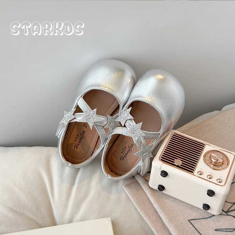 Round toe elastic band ballet shoes for children girls luxury sparkling star patches Mary Jens baby gold silver sliding tablet Zapatos M250103