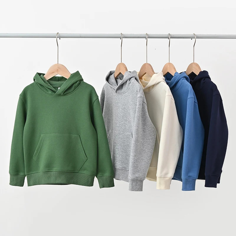Solid Color 100% Cotton Childrens Green Hoodie Fashion Sports Outdoor Top Boys and Girls High Quality Hoodie Street Wear 241226