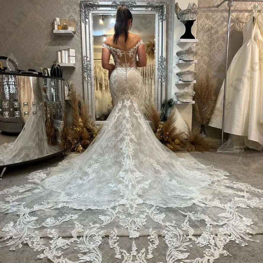 Boho Lace Mermaid Wedding Dresses Chapel Train Off The Shoulder Sexy Beach Bridal Gowns Sleeeless Bohemian Bride Formal Wear 2024 Vestido De Novia