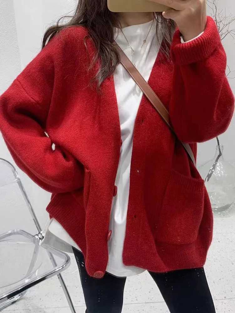 OHRYIE Autumn/Winter New Knitted Womens Loose Casual V-neck Knitted Sweater Coat Womens Solid Cardigan M250102