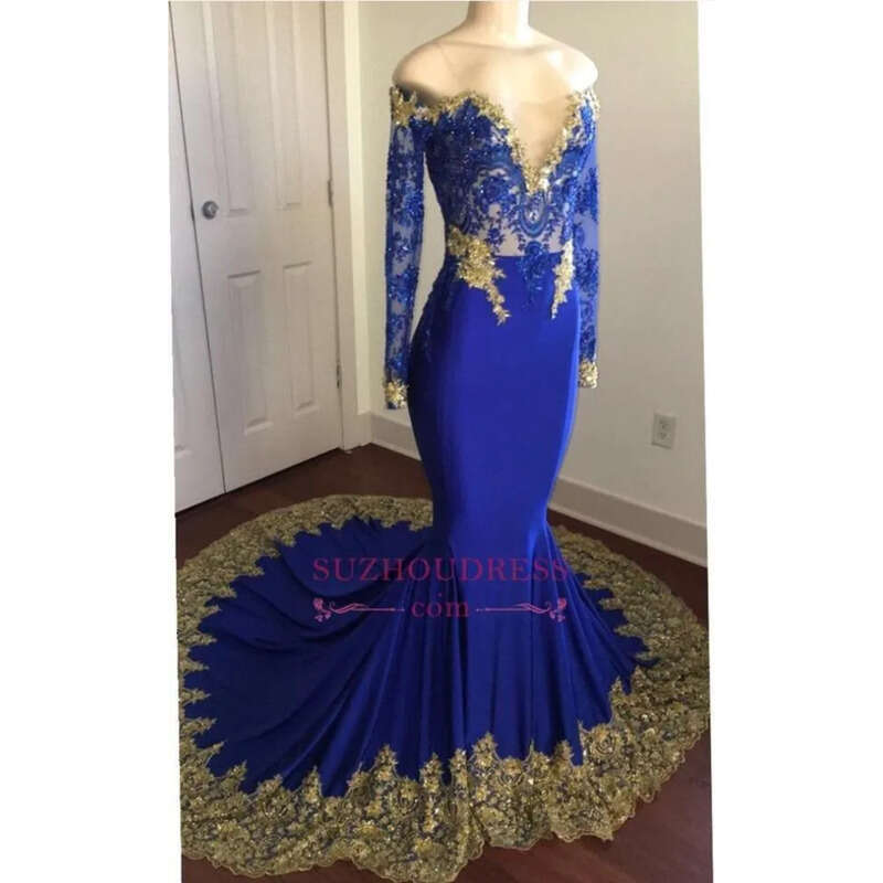 Shoulder Off Royal Blue Prom Dresses Sexy Sleeves Lace Appliqued Mermaid Evening Gown Long Formal Party Bridesmaid Dress Ba 0107