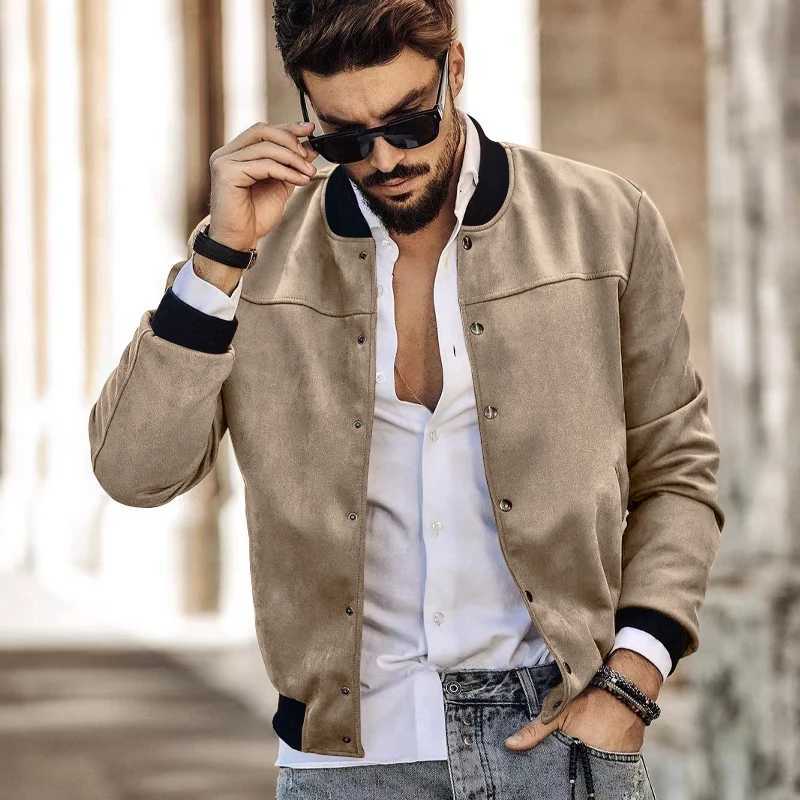 Mens suede jacket with stand up collar button up cardigan American jacket casual fashion spring and autumn W250103