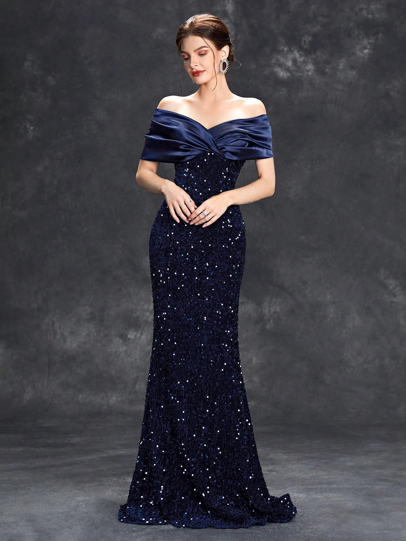 Mgiacy Line Collar Folded Tint Sparkling Velvet Tail Dress Evening Dress Ball Dress Party Dress Bridesmaid Dress 250102