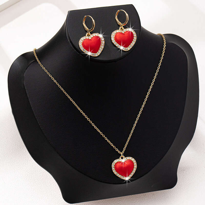 1 of fashionable and exquisite simple metal chain heart-shaped dia inlaid pendant womens earrings necklace jewelry set