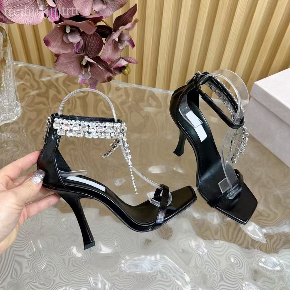 Womens 100mm stiletto heel sandals Rhinestone ankle strap gladiator pumps Metallic texture sheepskin Exposed toe party evening shoes luxury designer h