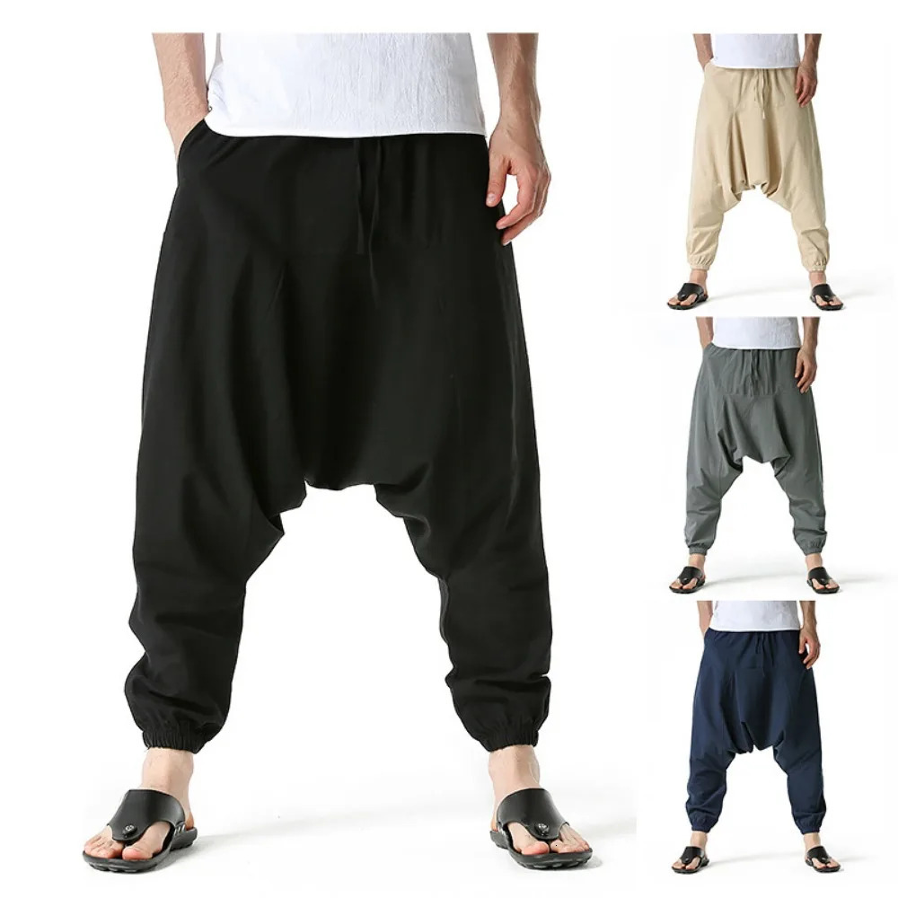 Men Cotton and Linen Pants Harem Pants Baggy Casual Oversize Loose Joggers Wide Leg Pants Yoga Drop Crotch Trousers Hip Hop 250103