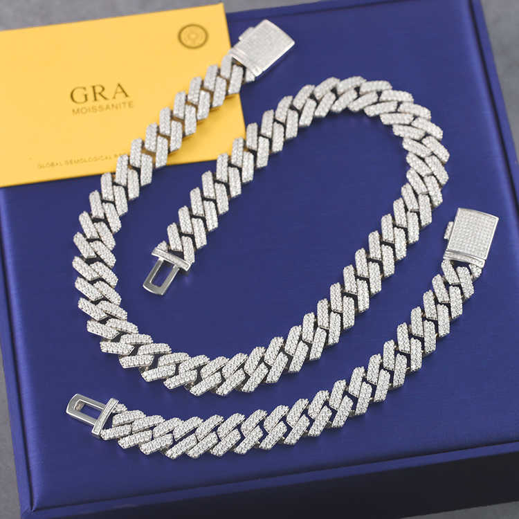 Hip hop Men Jewelry 13mm 15mm wide 2 rows VVS Moissanite diamond Necklace S925 Solid Silver Cuban Link Chain