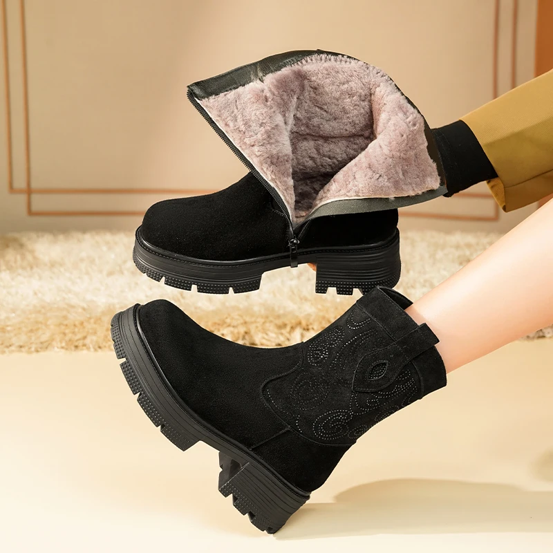 AIYUQI Western Cowboy Boots Women Genuine Leather Winter Shoes Boots Women Short Tube Fashion Women's Snow Boots