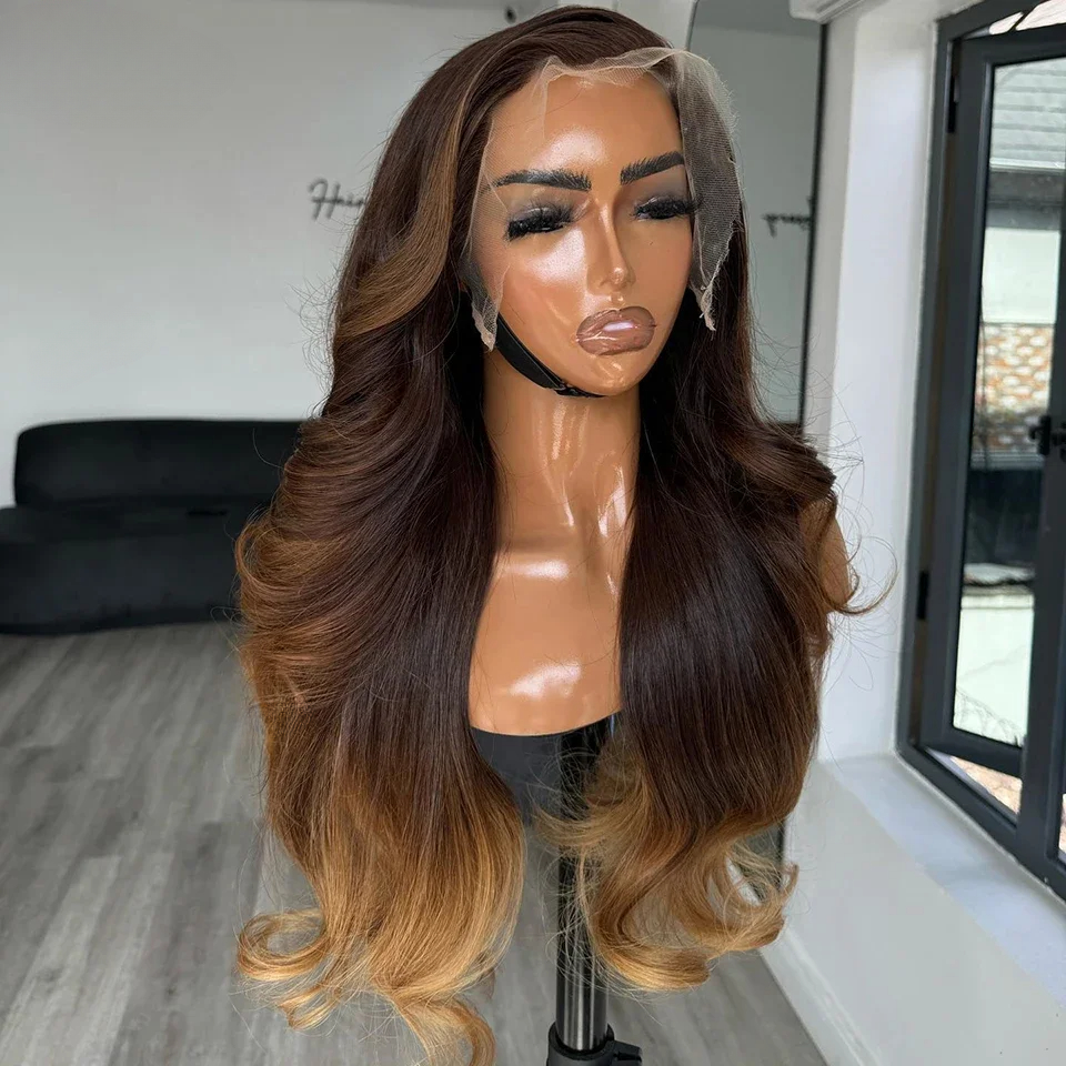 Free shipping 32 Inches Brazilian Ombre Brown High Quality 13x4 Frontal Human Hair Wig Body Wave HD Lace Wigs Synthetic on Sale