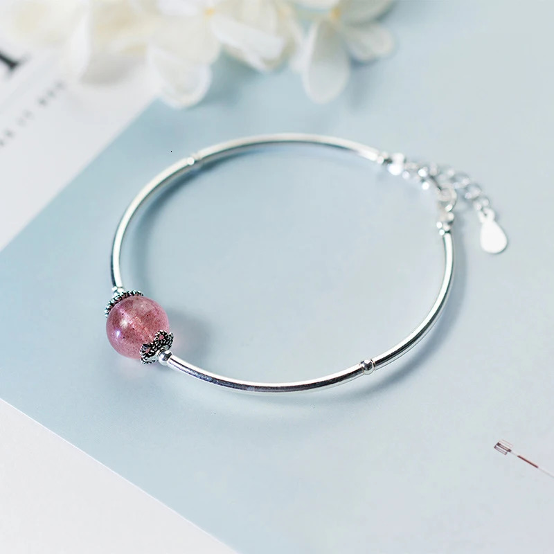MloveAcc Solid 100% 925 Sterling Silver Womens Bracelet and Bracelet with Single Strawberry Crystal Bead Charm 250102