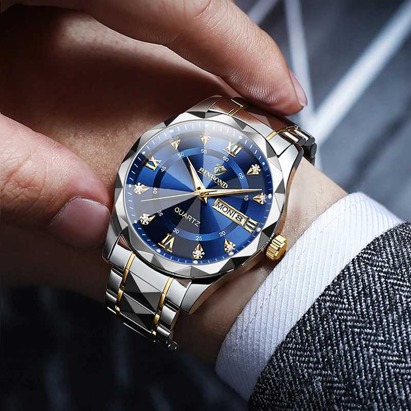 BINBOND Top Brand Luxury Fashion Quartz Mens Waterproof Week Date Clock Stainless Steel Sports Mens Quartz Watch W250104